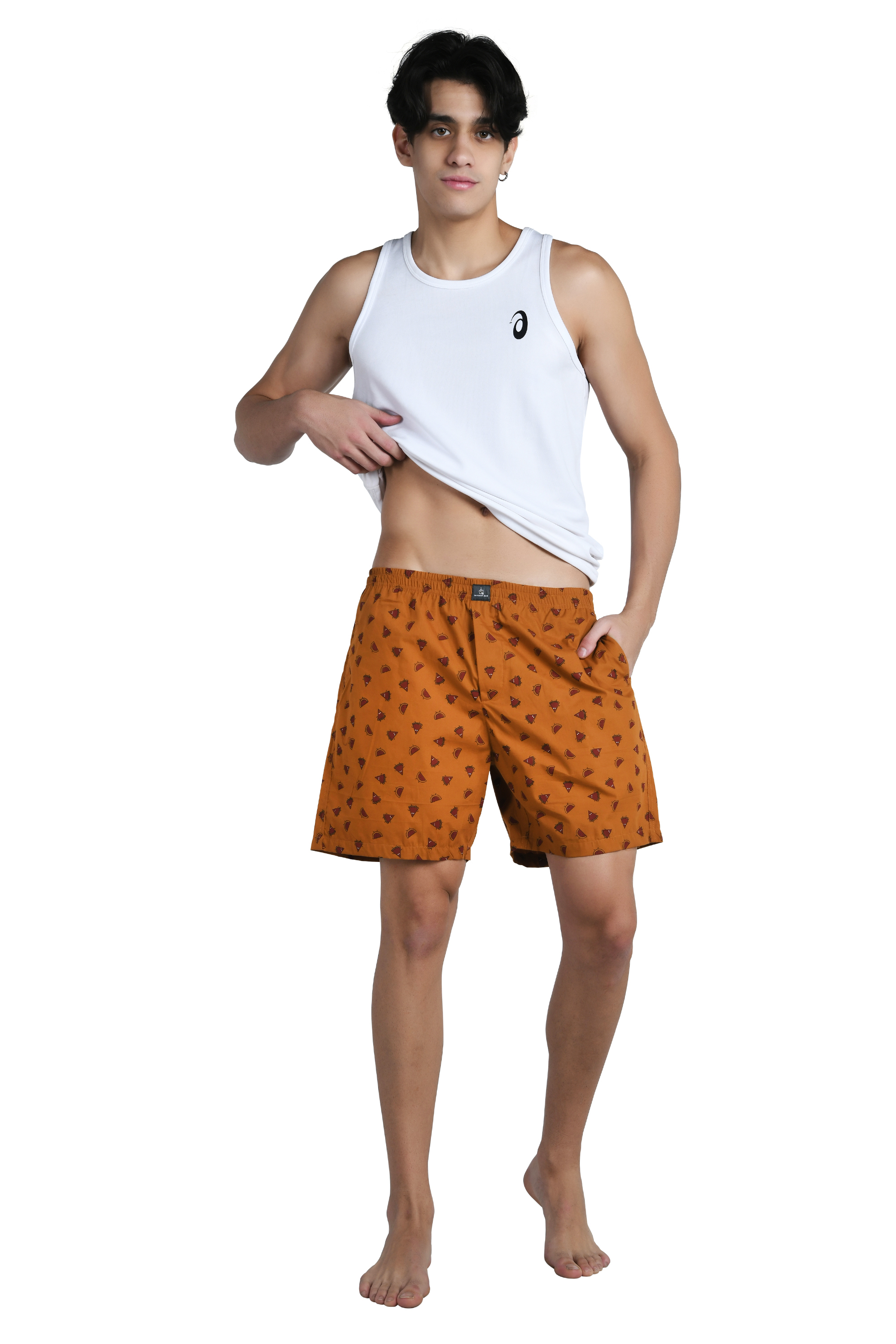 Caveman Club model in printed boxers