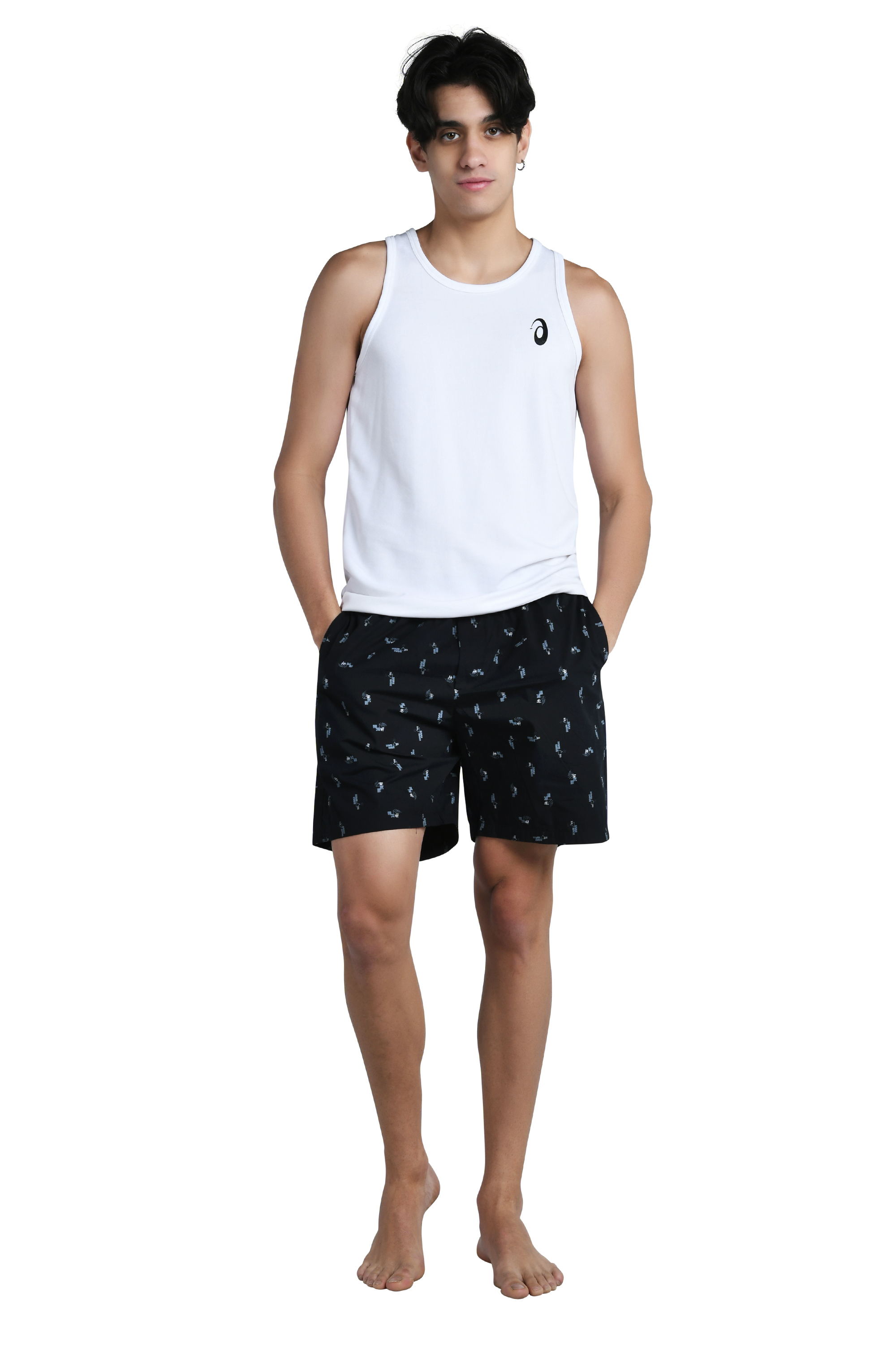 Model wearing Caveman Club printed boxer shorts